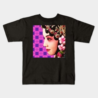 Chinese Opera Star with Pink and Purple Tile Floor Pattern- Hong Kong Retro Kids T-Shirt